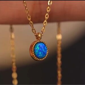 18K Gold Blue Fire Opal Round Natural Gemstone Minimalist Pendant Necklace